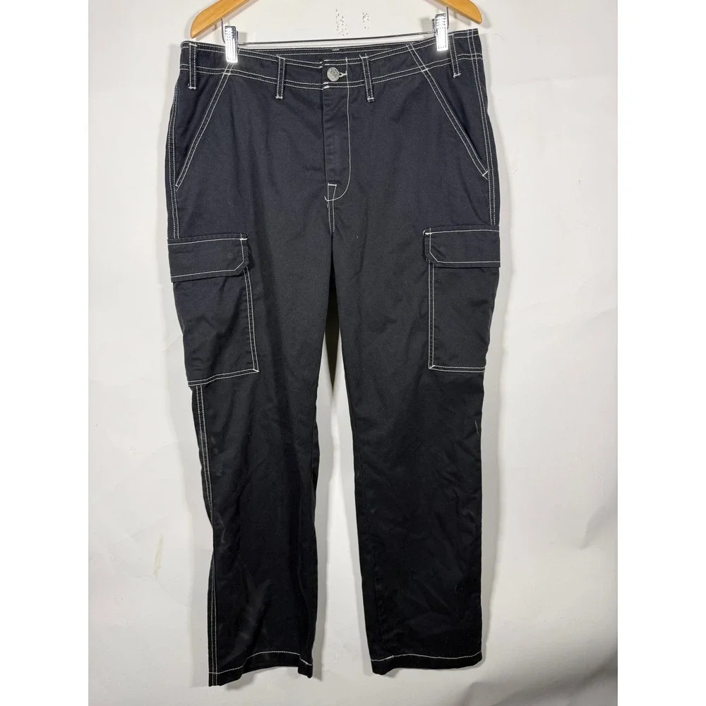 True Religion Mens Black Contrast Stitch Cargo Pants Straight Leg Size 33 Y2K